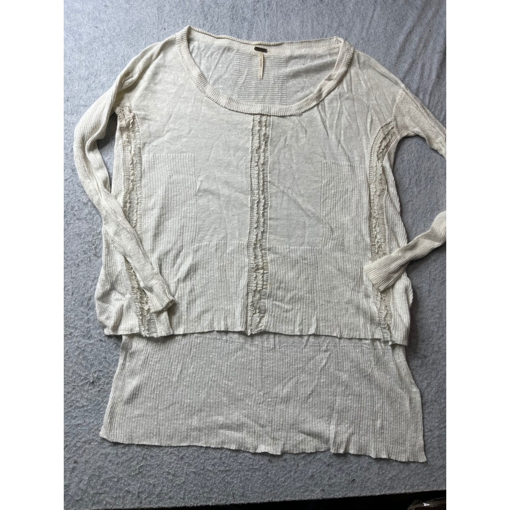 Free People Ivory Textured Ruffle Long Sleeve Tunic Top XS high low crop sweater